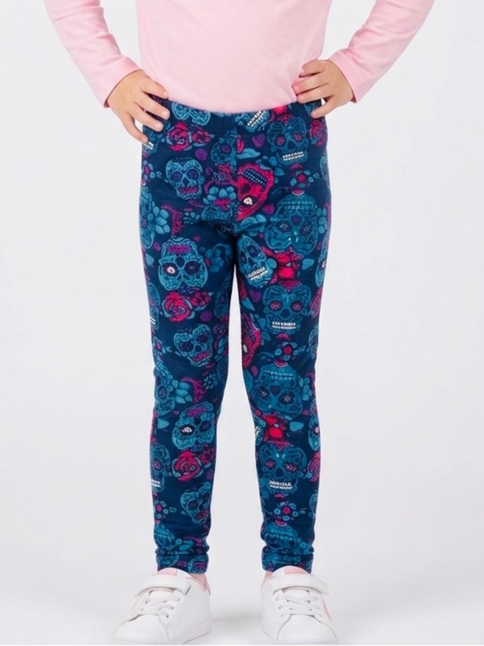 SUGAR SKULLS High Waisted Leggings Kids Girls Blue Red Skull Printed Pants NWT